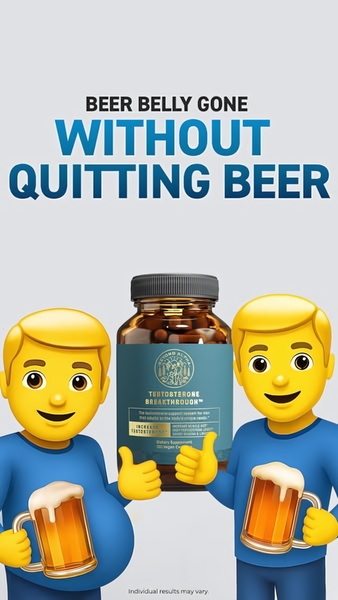 A vertical ad creative using cartoon avatars to depict a humorous contrast between beer consumption and health supplement results.